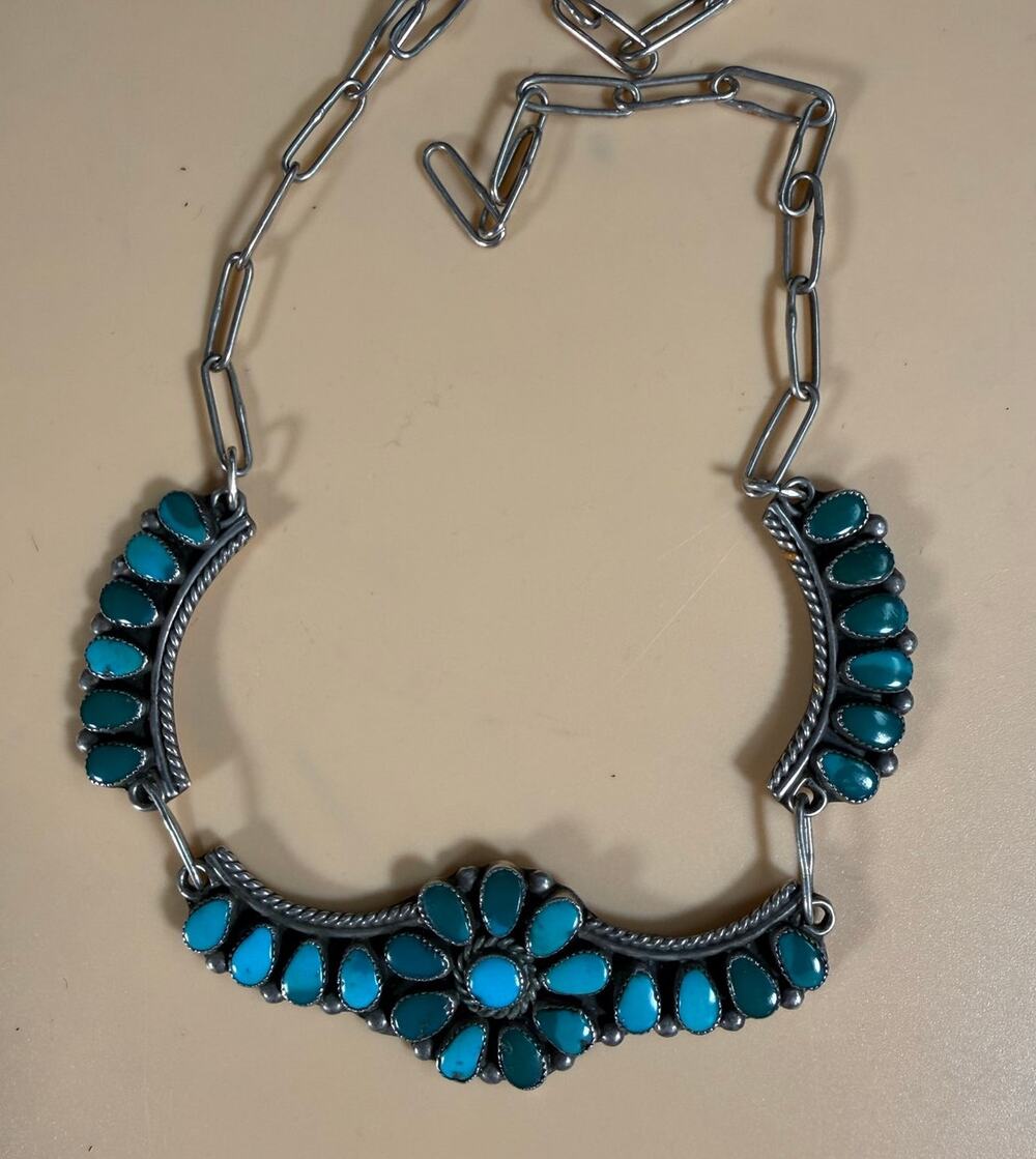 Vintage Zuni-Style Turquoise Sterling Silver Cluster Necklace 18" PLN